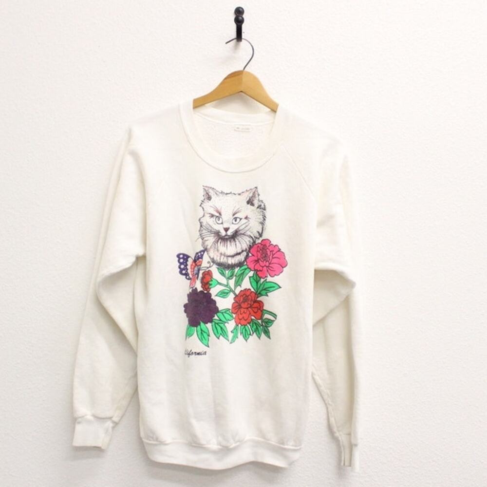 Vintage 80s California Kitty Cat Garden White Sweatshirt Mens XL Floral